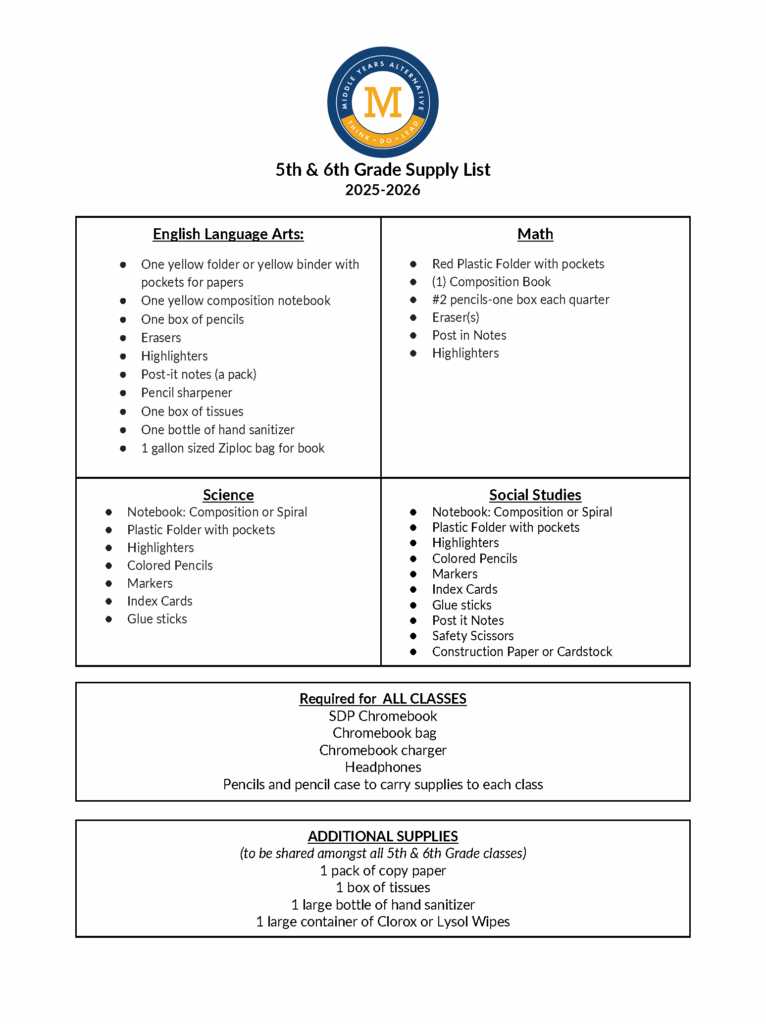 5th & 6th Grade Supply List
